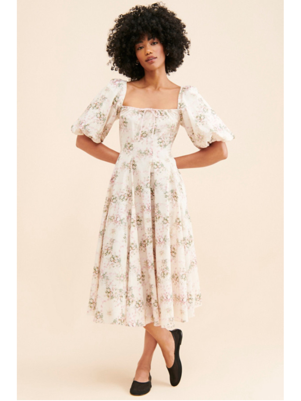 Selkie Floral Day Dress Cream Pink Cotton Square Neck Puff Sleeve Midi Size